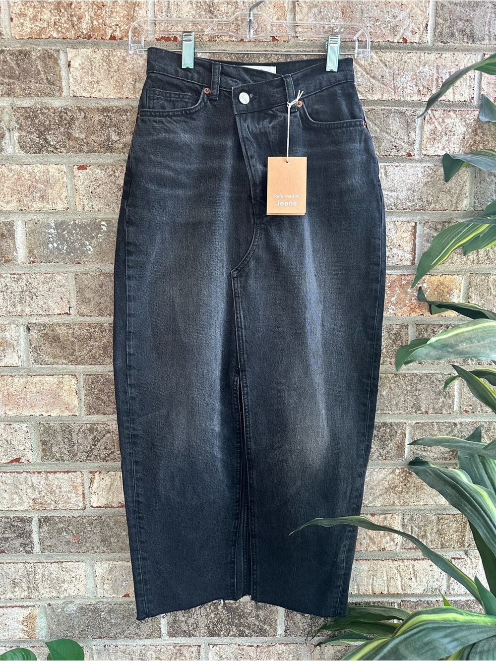 NWT Reformation Nila Asymmetrical Black High-Waist Denim Midi Skirt